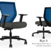 Composite image of a Run II mid-back chair, front and back. It has a dark grey cushion seat, adjustable arms, and blue mesh back.