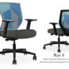 Composite image of a Run II mid-back chair, front and back. It has a dark grey cushion seat, adjustable arms, and blue patchwork mesh back.