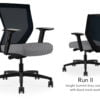 Composite image of a Run II mid-back chair, front and back. It has a grey check cushion seat, adjustable arms, and black mesh back.