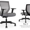 Composite image of a Run II mid-back chair, front and back. It has a grey check cushion seat, adjustable arms, and grey mesh back.