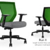 Composite image of a Run II mid-back chair, front and back. It has a grey check cushion seat, adjustable arms, and green mesh back.