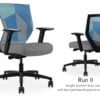 Composite image of a Run II mid-back chair, front and back. It has a grey check cushion seat, adjustable arms, and blue patchwork mesh back.