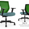 Composite image of a Run II mid-back chair, front and back. It has a blue dotted pattern cushion seat, adjustable arms, and green mesh back.