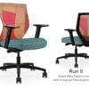 Composite image of a Run II mid-back chair, front and back. It has a blue dotted pattern cushion seat, adjustable arms, and orange patchwork mesh back.