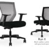 Composite image of a Run II mid-back chair, front and back. It has a black leather cushion seat, adjustable arms, and grey mesh back.