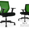 Composite image of a Run II mid-back chair, front and back. It has a black leather cushion seat, adjustable arms, and green mesh back.