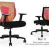 Composite image of a Run II mid-back chair, front and back. It has a black leather cushion seat, adjustable arms, and orange patchwork mesh back.