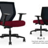 Composite image of a Run II mid-back chair, front and back. It has a red leather cushion seat, adjustable arms, and black mesh back.
