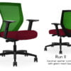 Composite image of a Run II mid-back chair, front and back. It has a red leather cushion seat, adjustable arms, and green mesh back.