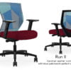 Composite image of a Run II mid-back chair, front and back. It has a red leather cushion seat, adjustable arms, and blue patchwork mesh back.