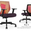 Composite image of a Run II mid-back chair, front and back. It has a deep amethyst cushion seat, adjustable arms, and orange patchwork mesh back.