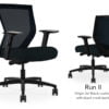 Composite image of a Run II mid-back chair, front and back. It has a black cushion seat, adjustable arms, and black mesh back.