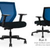 Composite image of a Run II mid-back chair, front and back. It has a black cushion seat, adjustable arms, and blue mesh back.