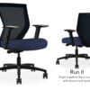 Composite image of a Run II mid-back chair, front and back. It has a dark blue cushion seat, adjustable arms, and black mesh back.