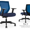 Composite image of a Run II mid-back chair, front and back. It has a dark blue cushion seat, adjustable arms, and blue mesh back.