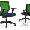 Composite image of a Run II mid-back chair, front and back. It has a dark blue cushion seat, adjustable arms, and green mesh back.