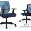 Composite image of a Run II mid-back chair, front and back. It has a dark blue cushion seat, adjustable arms, and blue patchwork mesh back.