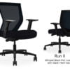 Composite image of a Run II mid-back chair, front and back. It has a black PVC cushion seat, adjustable arms, and black mesh back.