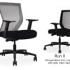 Composite image of a Run II mid-back chair, front and back. It has a black PVC cushion seat, adjustable arms, and grey mesh back.