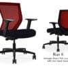 Composite image of a Run II mid-back chair, front and back. It has a black PVC cushion seat, adjustable arms, and red mesh back.