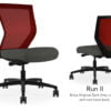 Composite image of a Run II mid-back chair, front and back. It has a dark grey cushion, and red mesh back.