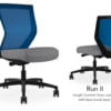 Composite image of a Run II mid-back chair, front and back. It has a grey check cushion, and blue mesh back.