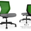 Composite image of a Run II mid-back chair, front and back. It has a grey check cushion, and green mesh back.