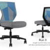 Composite image of a Run II mid-back chair, front and back. It has a grey check cushion, and blue patchwork mesh back.