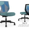 Composite image of a Run II mid-back chair, front and back. It has a blue dotted pattern cushion, and blue patchwork mesh back.