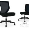Composite image of a Run II mid-back chair, front and back. It has a black leather cushion, and black mesh back.