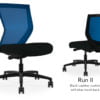 Composite image of a Run II mid-back chair, front and back. It has a black leather cushion, and blue mesh back.