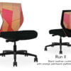 Composite image of a Run II mid-back chair, front and back. It has a black leather cushion, and orange patchwork mesh back.