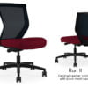 Composite image of a Run II mid-back chair, front and back. It has a red leather cushion, and black mesh back.