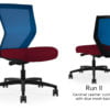 Composite image of a Run II mid-back chair, front and back. It has a red leather cushion, and blue mesh back.