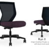 Composite image of a Run II mid-back chair, front and back. It has a deep amethyst cushion, and black mesh back.