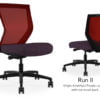 Composite image of a Run II mid-back chair, front and back. It has a deep amethyst cushion, and red mesh back.