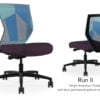 Composite image of a Run II mid-back chair, front and back. It has a deep amethyst cushion, and blue patchwork mesh back.