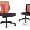 Composite image of a Run II mid-back chair, front and back. It has a deep amethyst cushion, and orange patchwork mesh back.