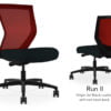 Composite image of a Run II mid-back chair, front and back. It has a black cushion, and red mesh back.