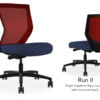 Composite image of a Run II mid-back chair, front and back. It has a dark blue cushion, and red mesh back.