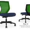 Composite image of a Run II mid-back chair, front and back. It has a dark blue cushion, and green mesh back.