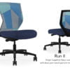 Composite image of a Run II mid-back chair, front and back. It has a dark blue cushion, and blue patchwork mesh back.