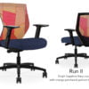 Composite image of a Run II mid-back chair, front and back. It has a dark blue cushion, and orange patchwork mesh back.