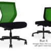 Composite image of a Run II mid-back chair, front and back. It has a black PVC cushion, and green mesh back.