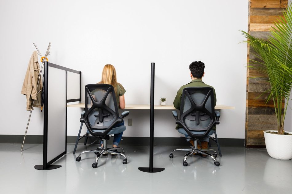Two workstations are set up along an office wall, with Hitch privacy screens. The employees backs are to us as the work away.