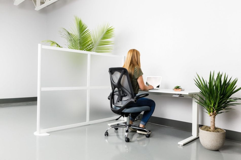 A single workstation with a Split model screen to the left, using a break style. The woman is using a laptop, and a potted plant rests on the floor beside her.