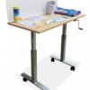 Small rolling table with 15" High Straight(model) screen. It has rounded corners and frosted glass. The check-in station includes disinfecting wipes, a few face masks and a few boxes of latex gloves.