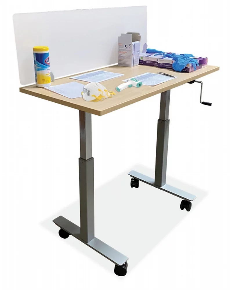 Small rolling table with 15" High Straight(model) screen. It has rounded corners and frosted glass. The check-in station includes disinfecting wipes, a few face masks and a few boxes of latex gloves.