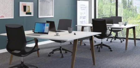 Looking to one side of a small, open office space. Straight (model) screens are placed between seating that faces one another, for each of the two tables. Windows look to trees outside.