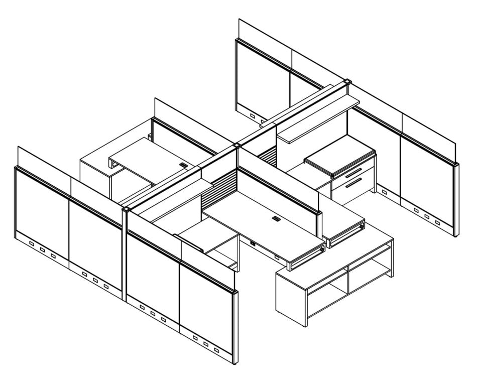 Technical drawing of Global's Evolve EV504 System, configured as a 4 pack of partially enclosed office cubicles. A small work area is placed at the back wall. At the end, is a pair of neighboring credenzas.
